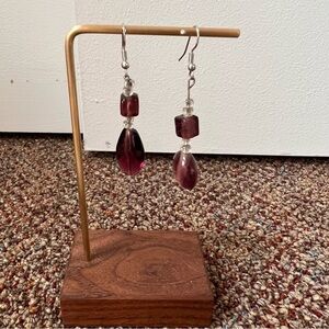 Purple plastic bead silver tone dangle dainty earrings lightweight simple